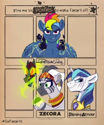 Size: 1715x2048 | Tagged: safe, artist:rutkotka, rainbow dash, shining armor, zecora, pegasus, pony, unicorn, zebra, g4, evil, evil rainbow dash, six fanarts