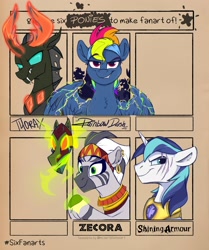 Size: 1715x2048 | Tagged: safe, artist:rutkotka, rainbow dash, shining armor, thorax, zecora, changeling, pegasus, pony, unicorn, zebra, g4, evil, evil rainbow dash, evil smile, grin, mask, six fanarts, smiling