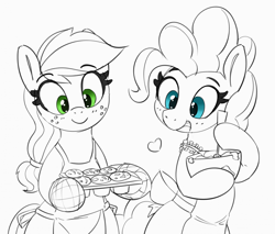 Size: 1280x1089 | Tagged: safe, artist:pabbley, applejack, pinkie pie, earth pony, pony, 30 minute art challenge, apron, bakery, bipedal, bowl, clothes, cute, diapinkes, duo, female, food, heart, jackabetes, mare, muffin, simple background, smiling, white background