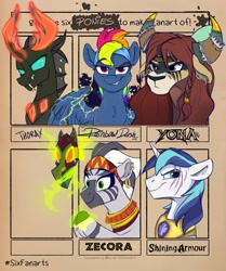 Size: 1715x2048 | Tagged: safe, artist:rutkotka, shining armor, thorax, yona, zecora, changeling, pegasus, pony, unicorn, yak, zebra, g4, evil, evil rainbow dash, six fanarts