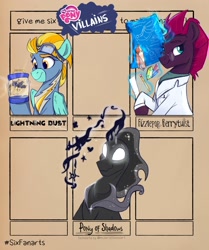 Size: 1715x2048 | Tagged: safe, artist:rutkotka, lightning dust, pony of shadows, tempest shadow, pegasus, pony, unicorn, g4, glowing, glowing horn, horn, magic, prosthetics, six fanarts, telekinesis