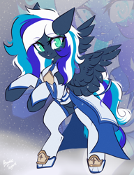Size: 1792x2335 | Tagged: dead source, safe, artist:mysha, oc, oc only, oc:flaming dune, pegasus, pony, clothes, cute, dress, female, full body, green eyes, looking at you, mare, multicolored mane, multicolored tail, pegasus oc, rearing, shoes, smiling, smiling at you, snow, snowfall, solo, spread wings, stockings, tail, thigh highs, wings