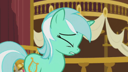 Size: 800x450 | Tagged: safe, screencap, bon bon, lyra heartstrings, sweetie drops, earth pony, pony, unicorn, g4, season 5, slice of life (episode), animated, duo, duo female, eyes closed, female, floppy ears, gif, mare, open mouth, open smile, ponyville town hall, smiling