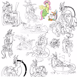 Size: 3000x3000 | Tagged: safe, artist:tashidelashi, discord, fluttershy, bird, butterfly, draconequus, pegasus, pony, g5, make new friends but keep discord, the last problem, to where and back again, spoiler:g5comic, bath, bathtub, blushing, bubble, bubble bath, clothes, dress, drink, female, flower, flower in hair, hat, heart, high res, holding a pony, kissing, male, mare, old man discord, older, older fluttershy, ship:discoshy, shipping, sketch, sketch dump, spanish text, spit take, straight, suit, sunglasses, television, zoot suit