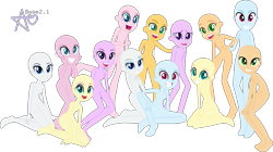 Size: 1437x806 | Tagged: safe, artist:alstragolden, artist:azura-bases, applejack, fluttershy, pinkie pie, rainbow dash, rarity, sci-twi, sunset shimmer, twilight sparkle, human, equestria girls, g4, base, hand behind back, hand on chest, hand on hip, hands on cheeks, hands on knees, looking at you, open mouth, simple background, smiling, transparent background, twilight sparkle (alicorn)