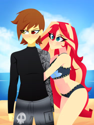 Size: 2443x3264 | Tagged: safe, artist:xan-gelx, sunset shimmer, oc, oc:eclipse shadow, human, equestria girls, g4, bare shoulders, beach, clothes, commission, duo, eye clipping through hair, female, heterochromia, high res, looking at someone, male, sleeveless, smiling, straight, sunset shimmer's beach shorts swimsuit, swimsuit