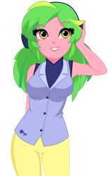 Size: 851x1332 | Tagged: safe, artist:rosemile mulberry, lemon zest, human, equestria girls, g4, alternate clothes, alternate hairstyle, armpits, arms in the air, breasts, busty lemon zest, button, button-up shirt, clothes, dress shirt, female, hands in the air, headphones, pants, raised arm, raised eyebrow, shirt, simple background, sleeveless, sleeveless shirt, smiling, solo, tank top, updated design, white background