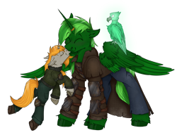 Size: 3000x2300 | Tagged: safe, artist:molars, oc, oc:hope, alicorn, balefire phoenix, phoenix, pony, unicorn, ashes town, fallout equestria, alicorn oc, apocalypse, armor, artificial alicorn, commission, couple, green alicorn (fo:e), high res, horn, horn ring, kissing, married, ring, simple background, size difference, transparent background, underhoof, unicorn oc, unshorn fetlocks, wings