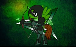 Size: 1712x1060 | Tagged: safe, artist:swiftgaiathebrony, pegasus, pony, arrow, bipedal, bow (weapon), bow and arrow, clothes, cosplay, costume, green arrow, hoof hold, male, marvel, mask, solo, spread wings, stallion, wallpaper, weapon, wings