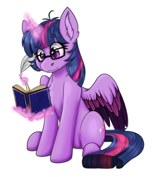 Size: 1688x1944 | Tagged: safe, artist:rokosmith26, twilight sparkle, alicorn, pony, book, bookhorse, cute, cute little fangs, fangs, female, glasses, magic, mare, princess, quill, reading, simple background, solo, spread wings, tail, telekinesis, transparent background, twilight sparkle (alicorn), wings