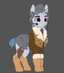 Size: 752x859 | Tagged: safe, artist:leotheunicorn, oc, oc only, pony, unicorn, fallout equestria, bomber jacket, boots, cap, clothes, gun, hat, headset, holster, jacket, pilot, shoes, solo, weapon