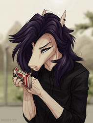 Size: 1280x1680 | Tagged: safe, artist:dementra369, oc, oc only, oc:coffin, anthro, cigarette, clothes, ear piercing, hoers, male, piercing, smoking, solo