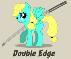 Size: 455x380 | Tagged: safe, oc, oc only, oc:double edge, pegasus, pony, bedroom eyes, female, katana, mare, raised hoof, shadow, smiling, spread wings, sword, text, weapon, wings