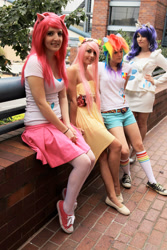 Size: 1856x2784 | Tagged: safe, artist:annamax, fluttershy, pinkie pie, rainbow dash, rarity, human, g4, anime weekend atlanta, clothes, converse, cosplay, costume, irl, irl human, photo, shoes, sneakers