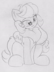 Size: 1728x2304 | Tagged: safe, artist:zemer, oc, oc only, oc:feather belle, pegasus, chest fluff, cute, fluffy, hair tie, ocbetes, sitting, solo, traditional art