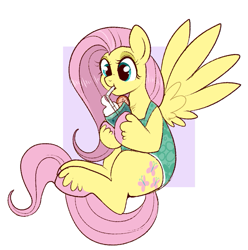 Size: 763x768 | Tagged: safe, artist:lulubell, fluttershy, pegasus, pony, clothes, drinking, drinking straw, one-piece swimsuit, solo, swimsuit