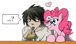 Size: 1507x875 | Tagged: safe, artist:blood-asp0123, pinkie pie, earth pony, human, pony, cake, crossover, death note, duo, female, food, l, male, simple background, transparent background