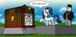 Size: 1483x734 | Tagged: safe, artist:blood-asp0123, rarity, human, pony, unicorn, angry, cross-popping veins, female, thomas the tank engine, toby, train, trio