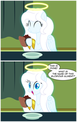Size: 2543x4018 | Tagged: safe, artist:badumsquish, derpibooru exclusive, oc, oc only, oc:zophiel, angel, angel pony, human, original species, 2 panel comic, aweeg*, bangles, bracelet, cake, chocolate, chocolate cake, clueless, comic, curtains, devil's food cake, dialogue, eating, female, floating wings, folded wings, food, glowing, gold, halo, happy, hoof hold, house, jewelry, long eyelashes, long mane, mare, offscreen character, plate, pure unfiltered evil, show accurate, sitting, table, talking to viewer, this will not end well, wings