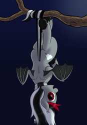 Size: 3000x4303 | Tagged: safe, artist:registereduser, oc, oc only, oc:colorless, bat pony, pony, bat pony oc, bat wings, fangs, female, gradient background, high res, looking at you, looking back, looking back at you, mare, open mouth, open smile, rear view, smiling, smiling at you, solo, spread wings, tree branch, upside down, wings