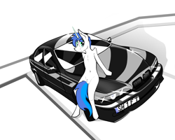 Size: 5000x4000 | Tagged: safe, artist:bumskuchen, oc, oc:shifting gear, unicorn, semi-anthro, arm hooves, bmw, bmw 5-series, bmw e39, bmw m5, car, casual nudity, nudity, simple background, solo, vehicle