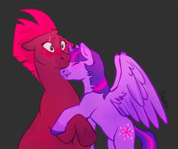 Size: 1200x1010 | Tagged: safe, artist:shadsie, tempest shadow, twilight sparkle, alicorn, pony, unicorn, g4, blushing, broken horn, dark background, duo, eyes closed, female, horn, hug, lesbian, raised hoof, scar, ship:tempestlight, shipping, smiling, spread wings, twilight sparkle (alicorn), wings