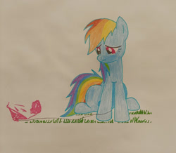 Size: 1280x1117 | Tagged: artist needed, safe, rainbow dash, pegasus, pony, g4, balloon, balloon popping, crying, female, grass, mare, popping, sad, simple background, sitting, traditional art, tragedy