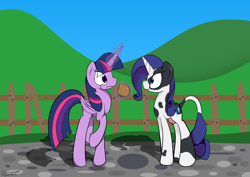 Size: 4000x2833 | Tagged: safe, artist:holomouse, rarity, twilight sparkle, alicorn, cow, cow pony, pony, unicorn, g4, awkward, burger, cowified, crotchboobs, duo, eating, female, fence, food, glowing, glowing horn, hamburger, horn, levitation, magic, meat, nudity, ponies eating meat, raricow, species swap, teats, telekinesis, twilight burgkle, twilight sparkle (alicorn), udder