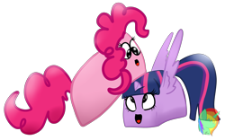 Size: 4500x2808 | Tagged: safe, artist:holomouse, pinkie pie, twilight sparkle, g4, duo, female, food, inanimate tf, lesbian, pun, ship:twinkie, shipping, simple background, transformation, transparent background, twinkies, visual pun