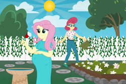 Size: 1600x1067 | Tagged: safe, artist:snap1994, fluttershy, posey shy, human, equestria girls, g4, cloud, duo, duo female, equestria girls-ified, female, flower, garden, mother and child, mother and daughter, preggoshy, pregnant, pregnant equestria girls, rose, sun, tree, watering can