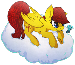 Size: 2609x2257 | Tagged: safe, artist:holomouse, oc, oc only, oc:dahlia, butterfly, pegasus, pony, blue eyes, cloud, female, folded wings, high res, lying down, lying on a cloud, mare, on a cloud, pegasus oc, prone, red mane, red tail, signature, simple background, smiling, solo, tail, transparent background, wings