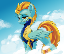 Size: 2448x2048 | Tagged: safe, artist:kovoranu, artist:skitsroom, lightning dust, pegasus, pony, g4, clothes, cloud, collaboration, dock, ear fluff, eyebrows, female, folded wings, goggles, high res, leg fluff, mare, open mouth, sky, solo, tail, uniform, wings, wonderbolt trainee uniform