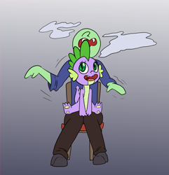 Size: 961x998 | Tagged: safe, artist:happy harvey, spike, oc, oc:anon, dragon, human, g4, blushing, chair, clothes, gay, gradient background, human male, interspecies, knees pressed together, looking back, looking up, male, open mouth, pants, phone drawing, shirt, sitting, sitting on person, young