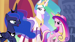 Size: 1280x720 | Tagged: safe, screencap, princess cadance, princess celestia, princess luna, alicorn, pony, g4, season 4, twilight's kingdom, alicorn triarchy, colored wings, crown, ethereal mane, ethereal tail, female, folded wings, galaxy mane, horn, jewelry, mare, multicolored hair, multicolored mane, multicolored tail, multicolored wings, regalia, royal sisters, siblings, sisters, tail, trio, trio female, wings