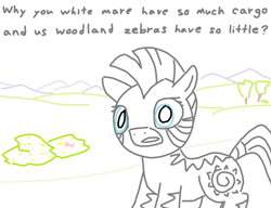 Size: 1300x1000 | Tagged: safe, artist:purblehoers, zecora, zebra, g4, blue eyes, bush, grass, grass field, guns germs and steel, mountain, mountain range, ms paint, path, question, solo, text, tree