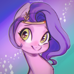 Size: 1200x1200 | Tagged: safe, artist:annaxeptable, edit, pipp petals, pegasus, pony, g5, abstract background, adorapipp, bust, commission, crown, cute, eyebrows, female, heart, heart eyes, jewelry, looking at you, mare, regalia, signature, smiling, smiling at you, solo, wingding eyes