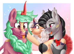 Size: 2700x1980 | Tagged: safe, artist:maeveadair, oc, oc only, oc:sahara_(kirin), oc:selketo, oc:valentora, bat pony, hybrid, kirin, pony, wingless bat pony, boop, bowtie, clothes, colt, dress, ear piercing, earring, family, fangs, father and child, father and son, female, foal, happy, hug, husband and wife, interspecies offspring, jewelry, male, married, married couple, mlem, mother and child, mother and son, noseboop, offspring, parent:oc:selketo, parent:oc:valentora, piercing, red teeth, scar, silly, smiling, tongue out, unshorn fetlocks, wingless