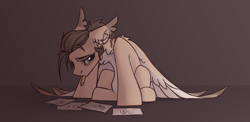 Size: 4134x2022 | Tagged: safe, artist:dorkmark, oc, oc only, oc:dima, pegasus, pony, burnout, drawing, paper, pencil, sketch, solo, tired, wings