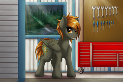 Size: 3242x2160 | Tagged: safe, artist:crimsonwolf360, oc, oc only, oc:ratchette, pegasus, pony, female, forest, high res, mare, pegasus oc, screwdriver, solo, toolbox, window, wrench