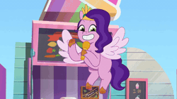 Size: 600x338 | Tagged: safe, screencap, pipp petals, pegasus, pony, g5, my bananas, my little pony: tell your tale, spoiler:g5, spoiler:my little pony: tell your tale, spoiler:tyts01e21, animated, female, flying, headband, jewelry, mare, microphone, regalia, solo, spread wings, wings