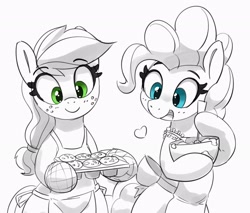 Size: 3029x2578 | Tagged: safe, artist:pabbley, applejack, pinkie pie, earth pony, pony, apron, baking, bipedal, bowl, clothes, cute, diapinkes, duo, female, floating heart, food, grayscale, hatless, heart, hoof hold, jackabetes, mare, missing accessory, mixing bowl, monochrome, muffin, open mouth, open smile, oven mitts, partial color, simple background, smiling, white background
