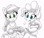Size: 3029x2578 | Tagged: safe, artist:pabbley, applejack, pinkie pie, earth pony, pony, apron, baking, bipedal, bowl, clothes, cute, diapinkes, duo, female, floating heart, food, grayscale, hatless, heart, hoof hold, jackabetes, mare, missing accessory, mixing bowl, monochrome, muffin, neo noir, open mouth, open smile, oven mitts, partial color, simple background, smiling, white background