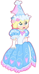 Size: 572x1075 | Tagged: safe, artist:boogeyboy1, megan williams, human, clothes, dress, dressup, flower, flower in hair, froufrou glittery lacy outfit, gloves, hat, hennin, horrified, jewelry, long gloves, necklace, princess, scared, shocked, shocked expression, simple background, solo, surprised, transparent background, wat, wtf, wtf face