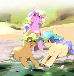 Size: 2163x2212 | Tagged: safe, artist:aztrial, oc, oc only, oc:bitterroot rose, oc:primp, oc:prink, earth pony, pony, unicorn, body freckles, bucktooth, female, filly, foal, fraternal twins, freckles, hat, high res, lying down, magical lesbian spawn, offspring, open mouth, open smile, parent:applejack, parent:princess cadance, parent:rarity, parent:shining armor, parents:rarijack, parents:shiningcadance, prone, siblings, sisters, smiling, tadpole, trio