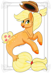 Size: 1280x1840 | Tagged: safe, artist:daynaskully, applejack, earth pony, seapony (g4), g4, applejack's hat, cowboy hat, cute, digital art, dorsal fin, ear fluff, female, fish tail, flowing mane, flowing tail, freckles, green eyes, hat, mare, mermay, open mouth, open smile, seaponified, seapony applejack, signature, simple background, smiling, solo, species swap, speedpaint, tail, white background, yellow mane, yellow tail