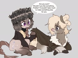 Size: 2048x1536 | Tagged: safe, artist:rirurirue, oc, oc only, oc:boreal blanket, oc:bundle up, yakutian horse, clothes, coat, crossed hooves, dialogue, duo, female, fluffy, gray background, hat, lying down, mare, prone, simple background, speech bubble
