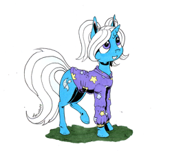 Size: 1280x1122 | Tagged: safe, artist:darkhestur, trixie, pony, unicorn, g4, alternate hairstyle, babysitter trixie, clothes, cute, diatrixes, female, hoodie, mare, marker, pigtails, raised hoof, simple background, smiling, solo, traditional art, white background