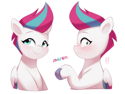 Size: 2900x2179 | Tagged: safe, artist:maren, zipp storm, pegasus, pony, g5, my little pony: tell your tale, blushing, duality, exclamation point, female, flustered, high res, looking at you, mare, simple background, smiling, solo, sweat, sweatdrops, unshorn fetlocks, white background