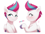 Size: 2900x2179 | Tagged: safe, artist:maren, zipp storm, pegasus, pony, g5, my little pony: tell your tale, blushing, duality, exclamation point, female, flustered, looking at you, mare, simple background, smiling, solo, sweat, sweatdrops, unshorn fetlocks, white background