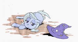 Size: 1280x694 | Tagged: safe, artist:darkhestur, trixie, pony, unicorn, g4, clothes, depressed, depression, frown, hat, lying down, marker, sad, simple background, solo, the sad and depressive trixie, traditional art, trixie's hat, white background